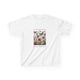 T-shirt blanc pour enfant orné d'une illustration florale avec des papillons et un texte inspirant.