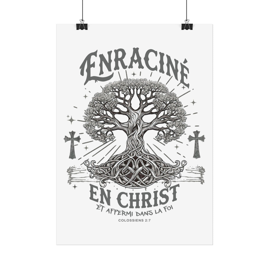 Affiche murale monochrome représentant un arbre de vie avec des croix et le texte biblique.