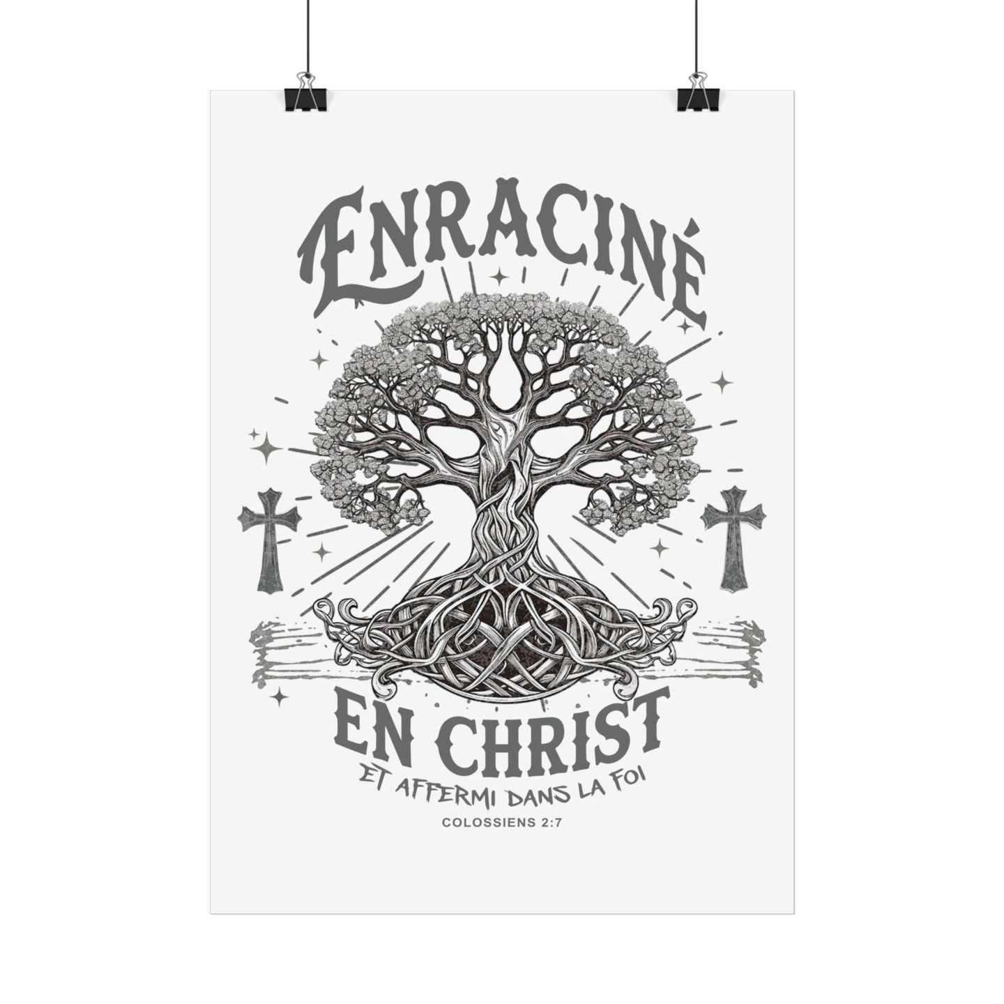 Affiche murale monochrome représentant un arbre de vie avec des croix et le texte biblique.