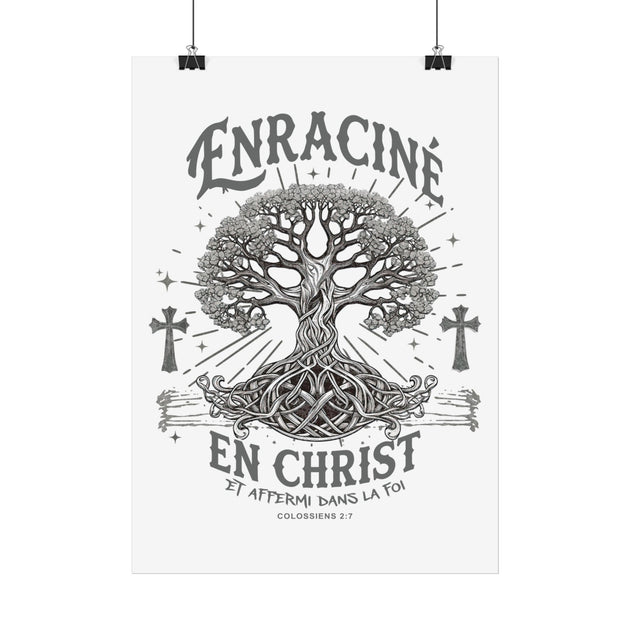 Affiche murale monochrome représentant un arbre de vie avec des croix et le texte biblique.