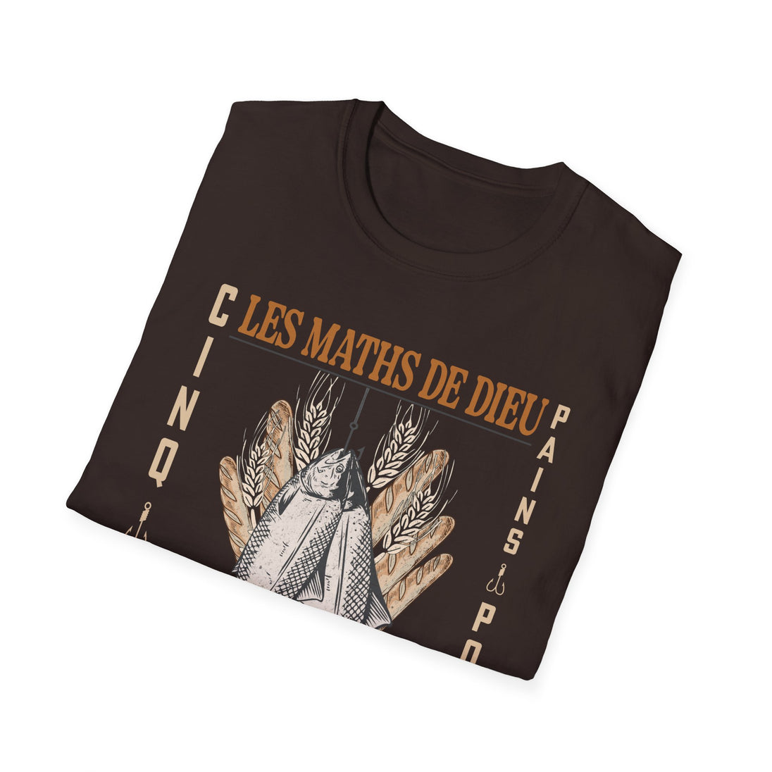 T-shirt marron pour homme avec une illustration de poissons et de pains et le texte Les Maths de Dieu.