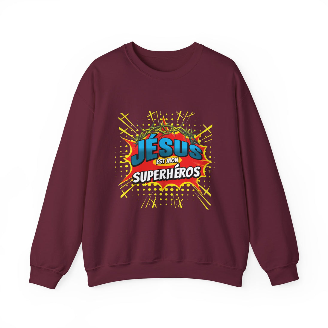 Sweat-shirt bordeaux pour homme avec une illustration style comics Jésus est mon superhéros.