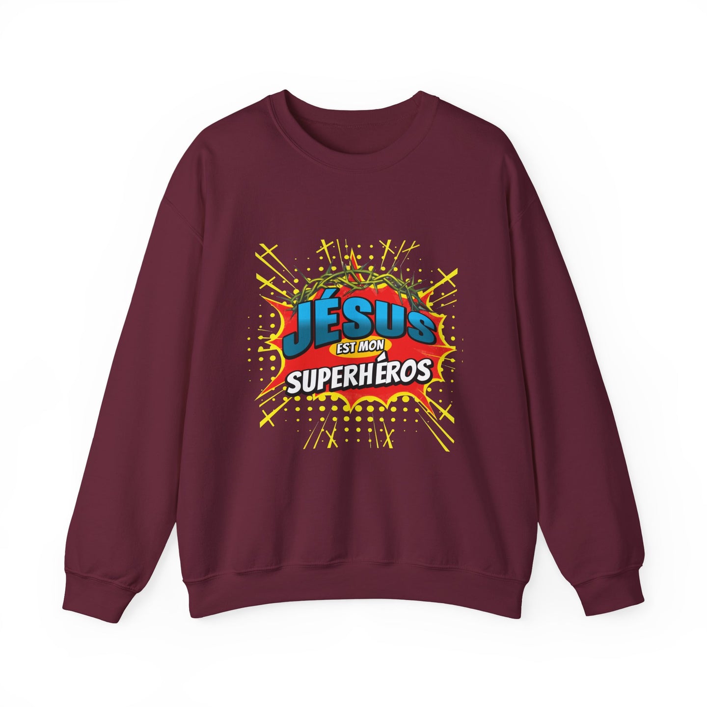 Sweat-shirt bordeaux pour homme avec une illustration style comics Jésus est mon superhéros.
