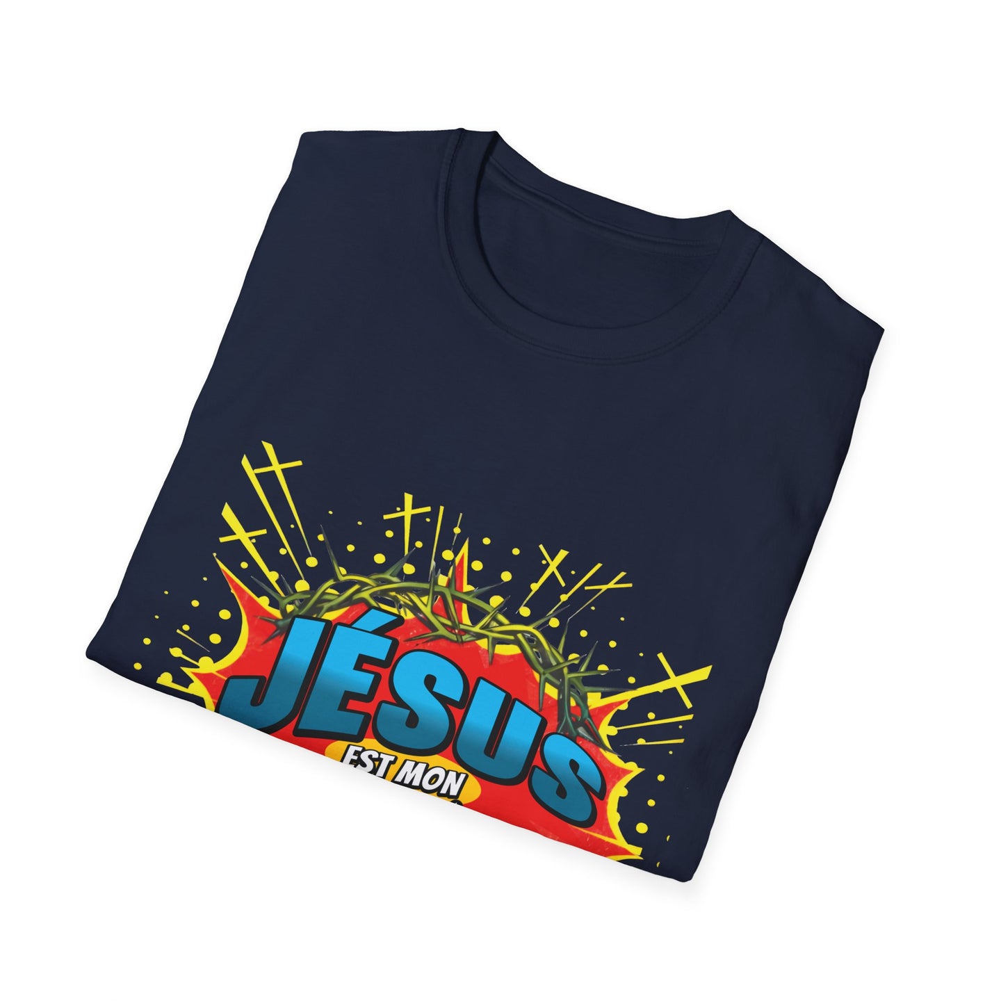 T-shirt bleu marine plié avec un motif style bande dessinée représentant une couronne d'épines.