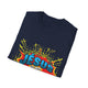 T-shirt bleu marine plié avec un motif style bande dessinée représentant une couronne d'épines.
