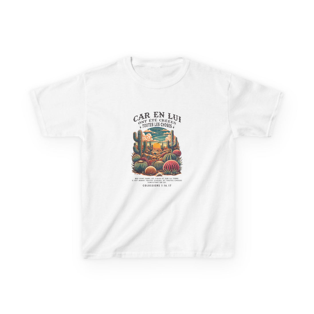 T-shirt blanc pour enfant avec une illustration de désert et un verset biblique en français.