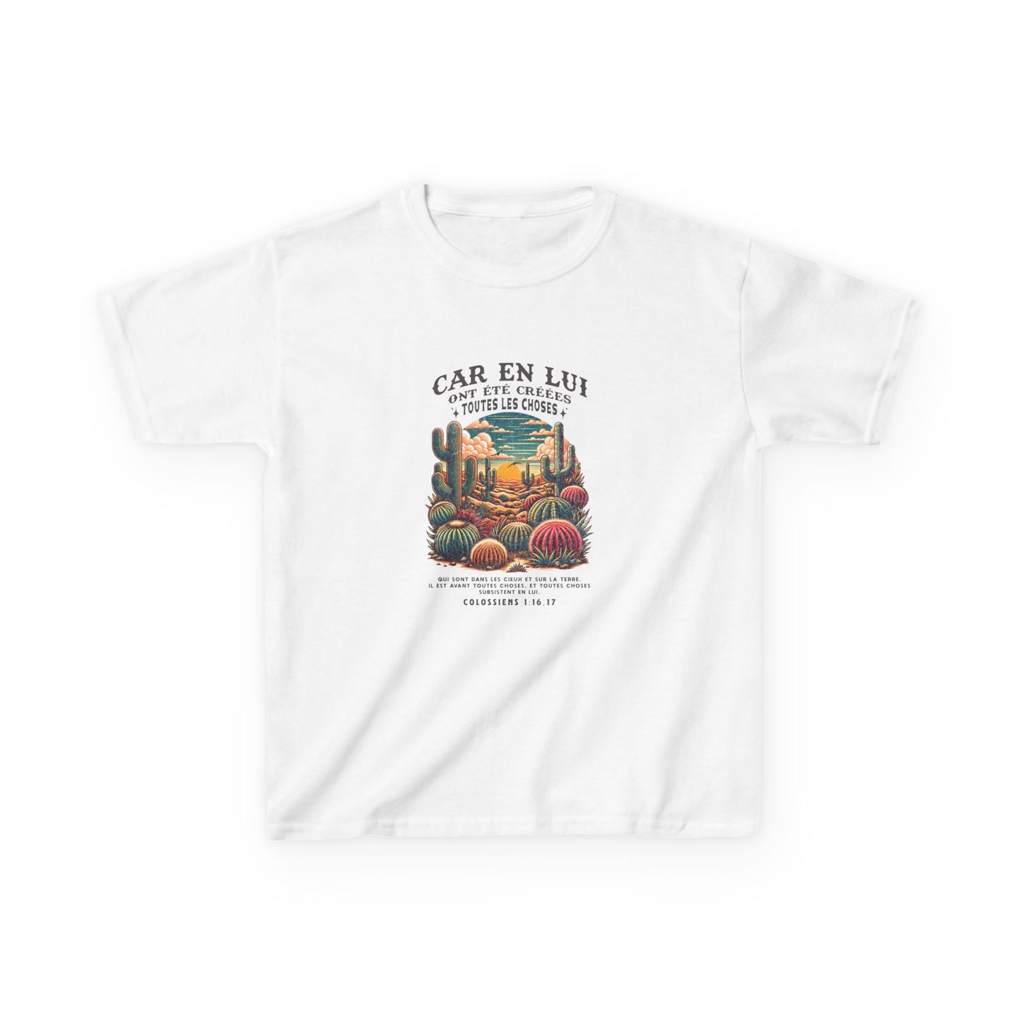 T-shirt blanc pour enfant avec une illustration de désert et un verset biblique en français.