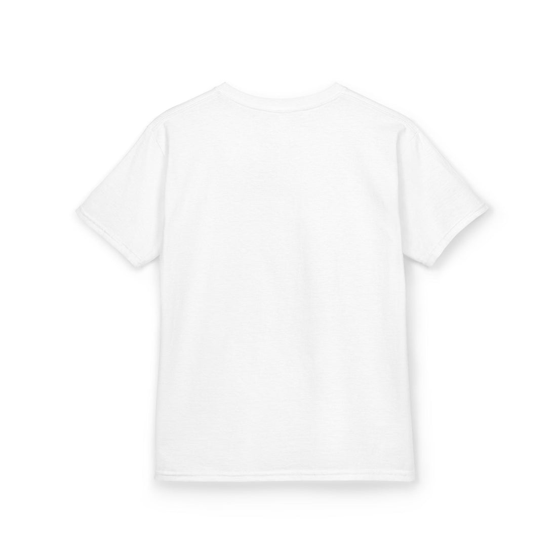 T-shirt blanc pour enfant à manches courtes, présenté de dos sur un fond uni.