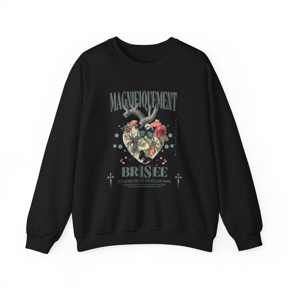 Sweat-shirt noir à col rond avec une illustration de cœur floral et des inscriptions en français.