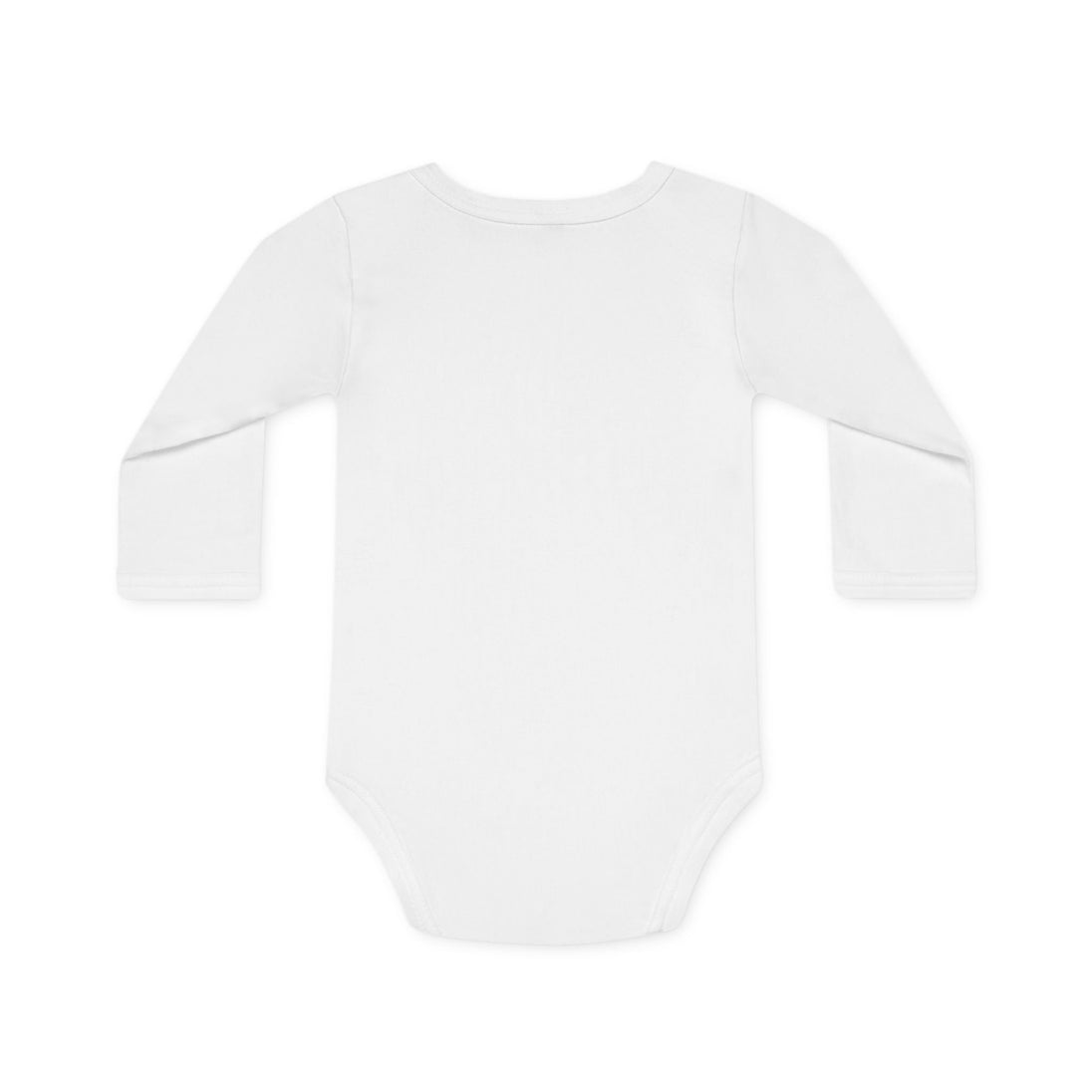 Dos d'un body bébé blanc à manches longues en coton bio, col enveloppe et boutons-pression.