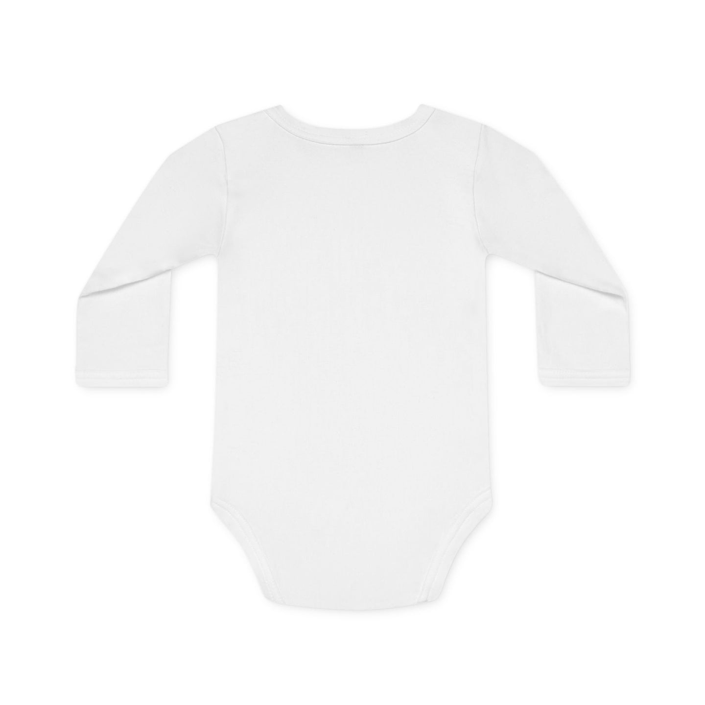 Dos d'un body bébé blanc à manches longues en coton bio, col enveloppe et boutons-pression.