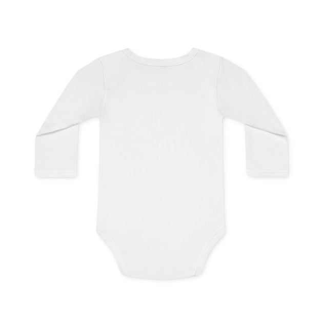 Dos d'un body bébé blanc à manches longues en coton bio, col enveloppe et boutons-pression.