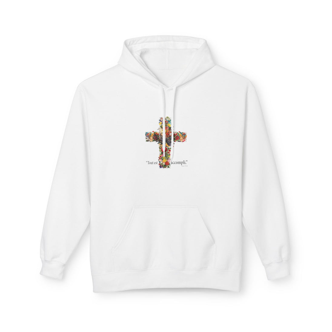 Sweat à capuche blanc pour femme avec une croix florale et l'inscription Tout est accompli.