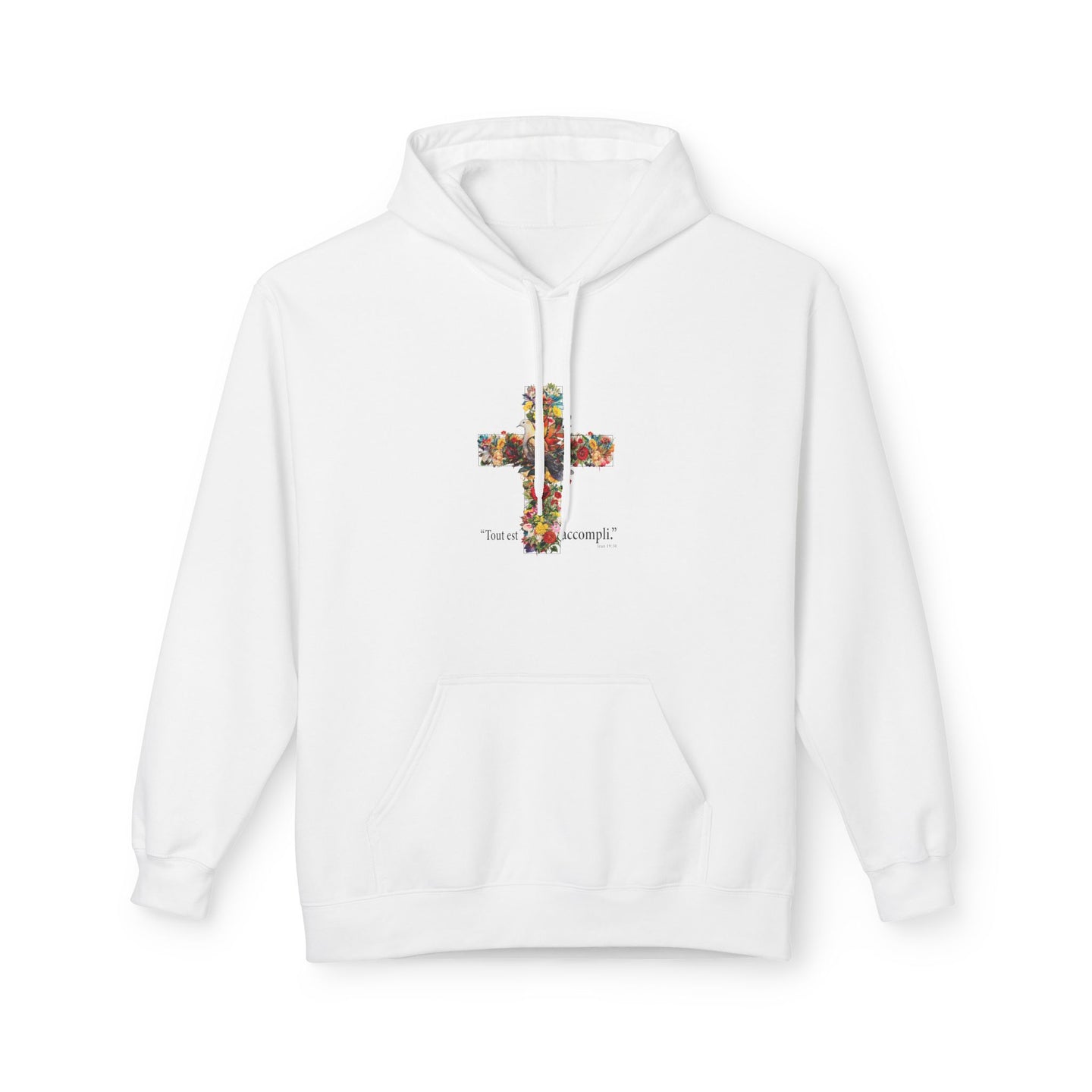 Sweat à capuche blanc pour femme avec une croix florale et l'inscription Tout est accompli.