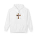 Sweat à capuche blanc pour femme avec une croix florale et l'inscription Tout est accompli.