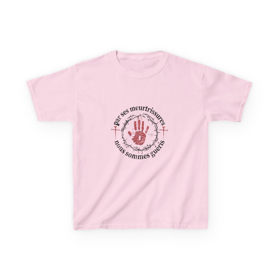 T-shirt rose pour enfant avec un motif religieux centré représentant une main et une couronne.