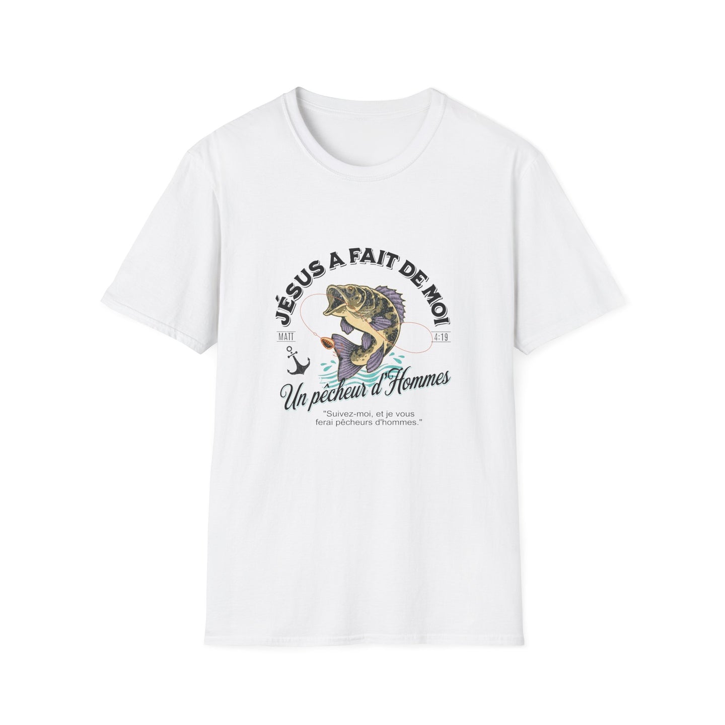 T-shirt blanc pour femme avec une illustration de poisson et le texte Jésus a fait de moi.