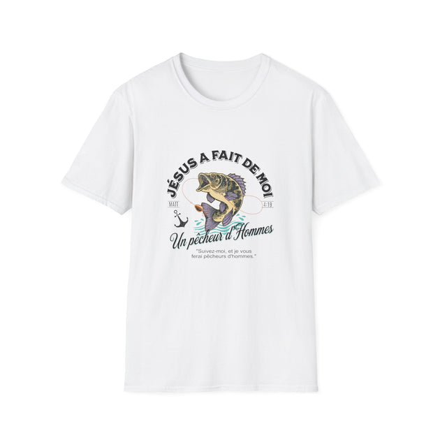 T-shirt blanc pour femme avec une illustration de poisson et le texte Jésus a fait de moi.