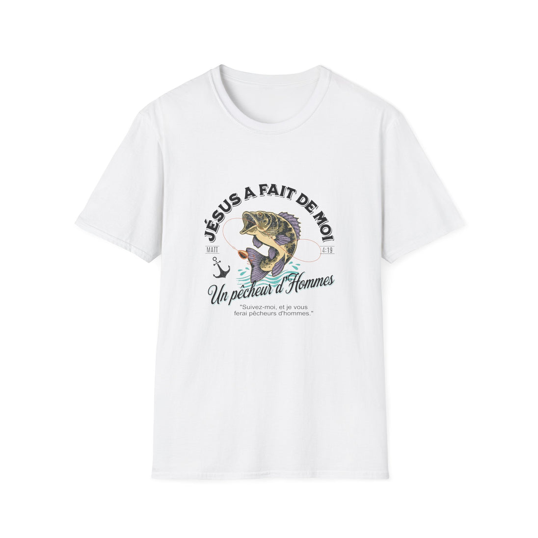 T-shirt blanc pour homme avec une illustration de poisson et le texte Jésus a fait de moi un pêcheur.