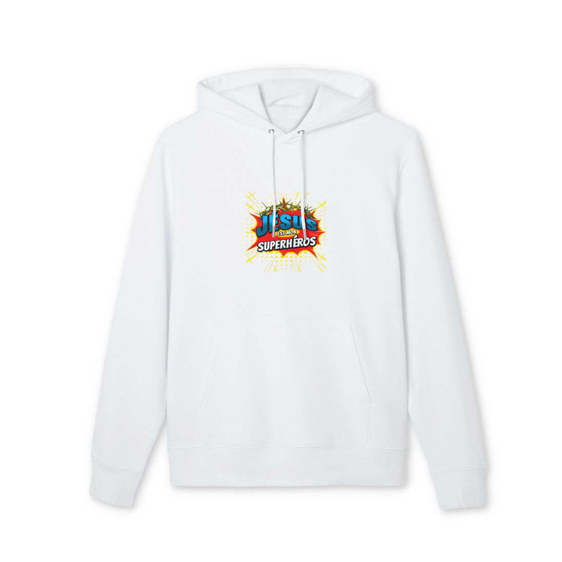 Sweat à capuche blanc en coton biologique avec le motif Jesus est mon Superhéros sur la poitrine.