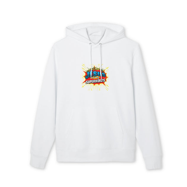 Sweat à capuche blanc en coton biologique avec le motif Jesus est mon Superhéros sur la poitrine.