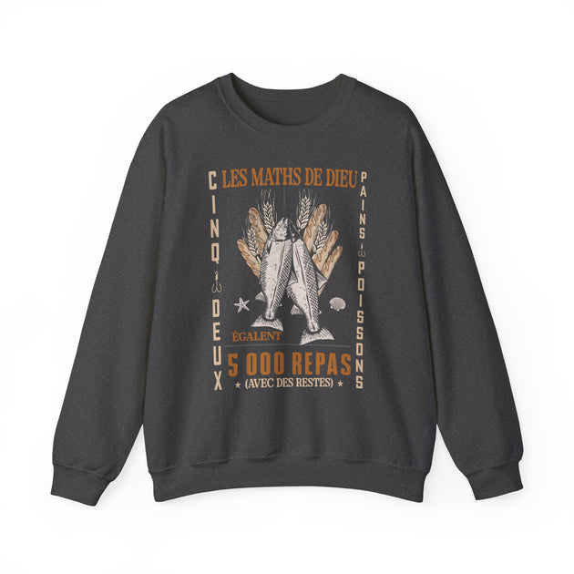 Sweat-shirt gris foncé avec une illustration vintage de pains et de poissons et le texte Les Maths de Dieu.