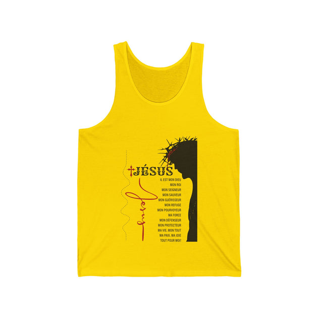 Débardeur jaune pour homme avec une illustration noire de Jésus et des inscriptions en français.