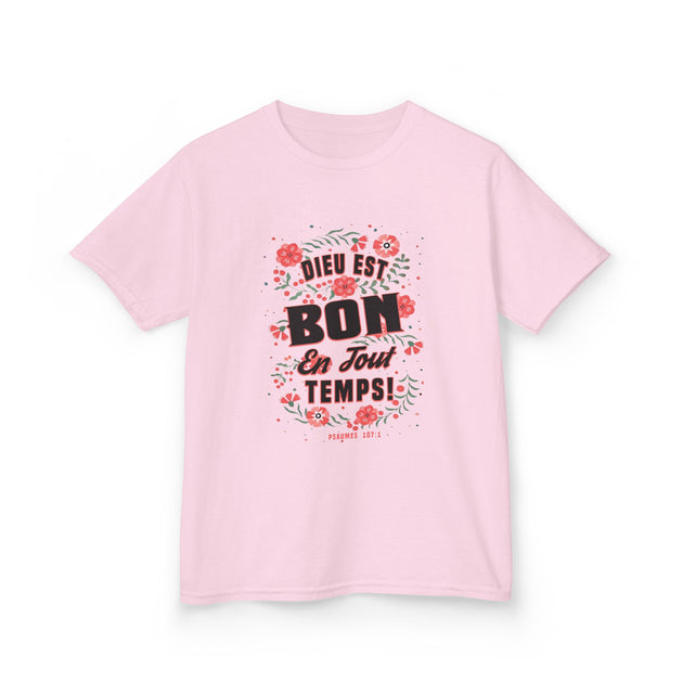 T-shirt rose pour enfant avec un motif floral et l'inscription Dieu est bon en tout temps.