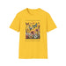 T-shirt jaune à col rond avec une illustration florale et des papillons, portant un texte religieux.