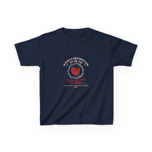T-shirt bleu marine pour enfant avec un motif de cœur entouré d'une couronne d'épines.