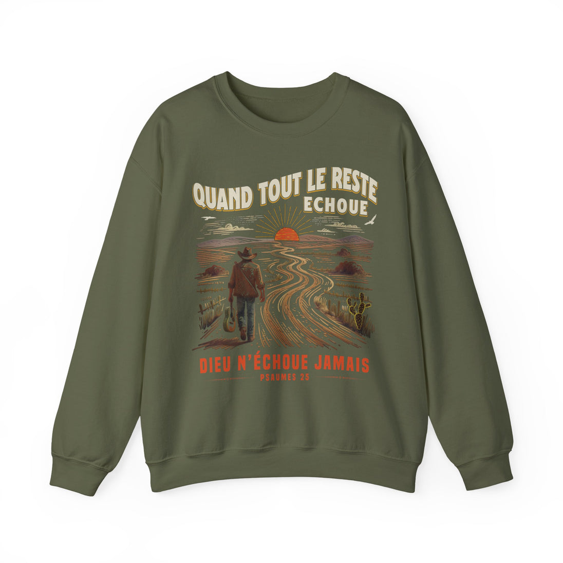 Sweat-shirt vert olive pour homme avec une illustration de voyageur et un message chrétien.