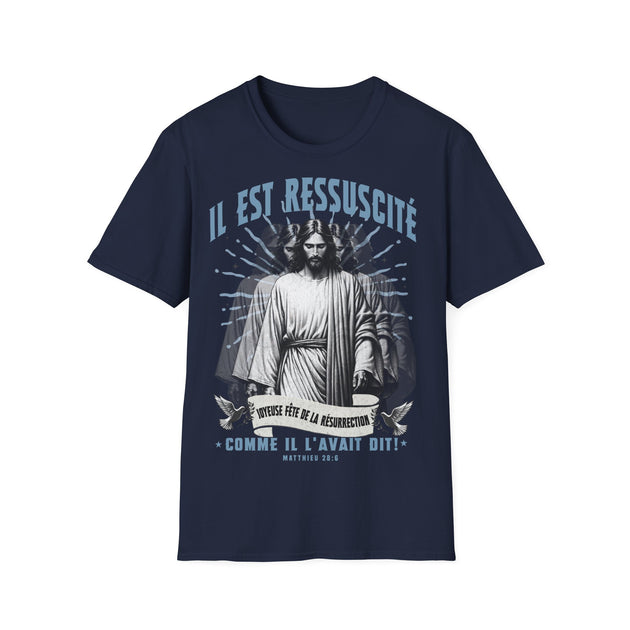 T-shirt bleu marine pour homme avec une illustration de Jésus et le texte Il est ressuscité.