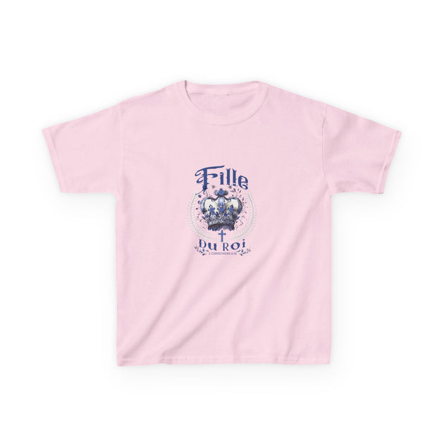 T-shirt rose pour enfant avec couronne bleue et texte Fille du Roi, 2 Corinthiens 6:18.