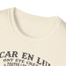 T-shirt beige chiné à col rond avec une inscription noire sur la poitrine.