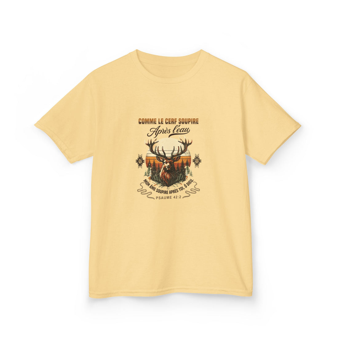 T-shirt jaune pour enfant avec une illustration de cerf et le texte biblique Psaume 42:2.