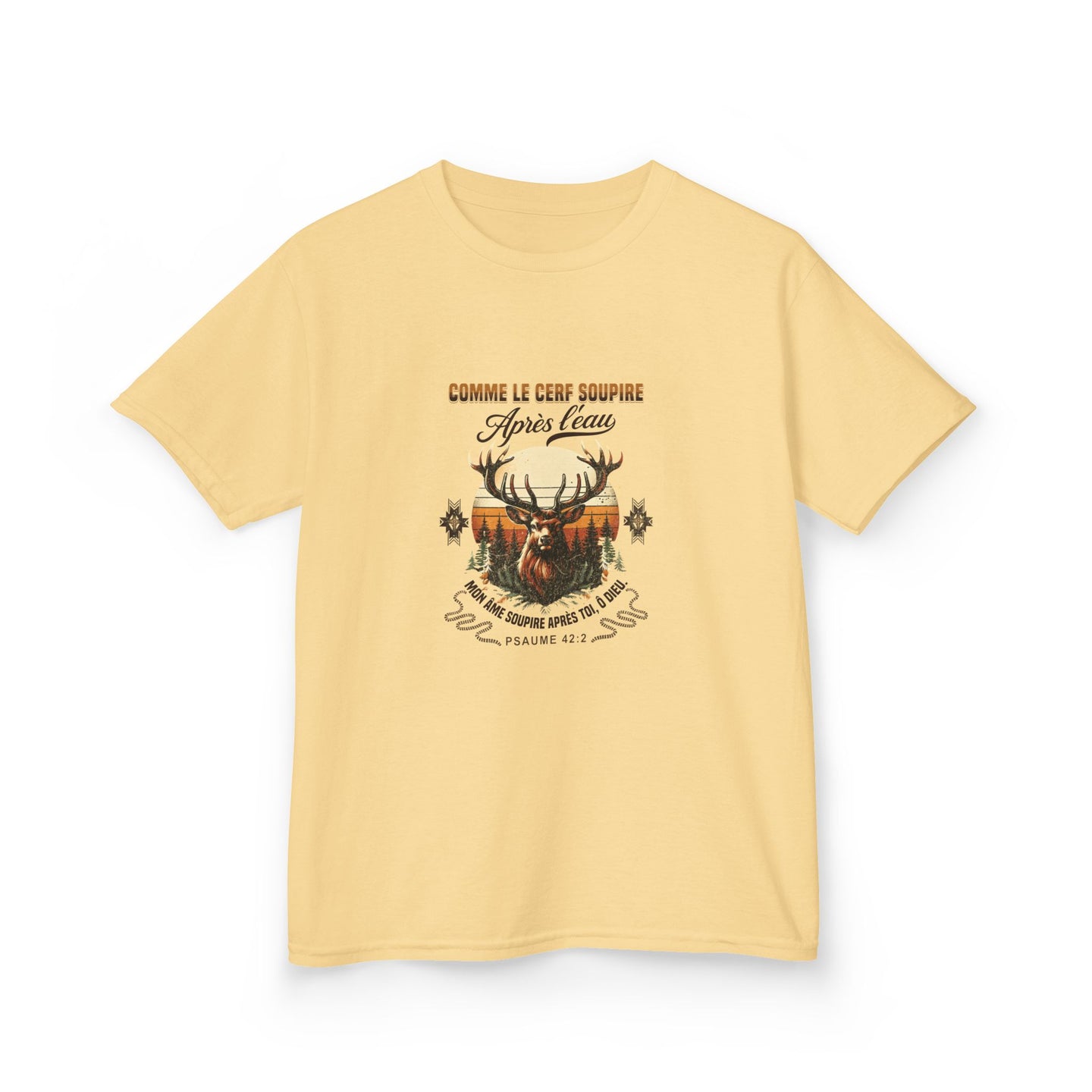T-shirt jaune pour enfant avec une illustration de cerf et le texte biblique Psaume 42:2.
