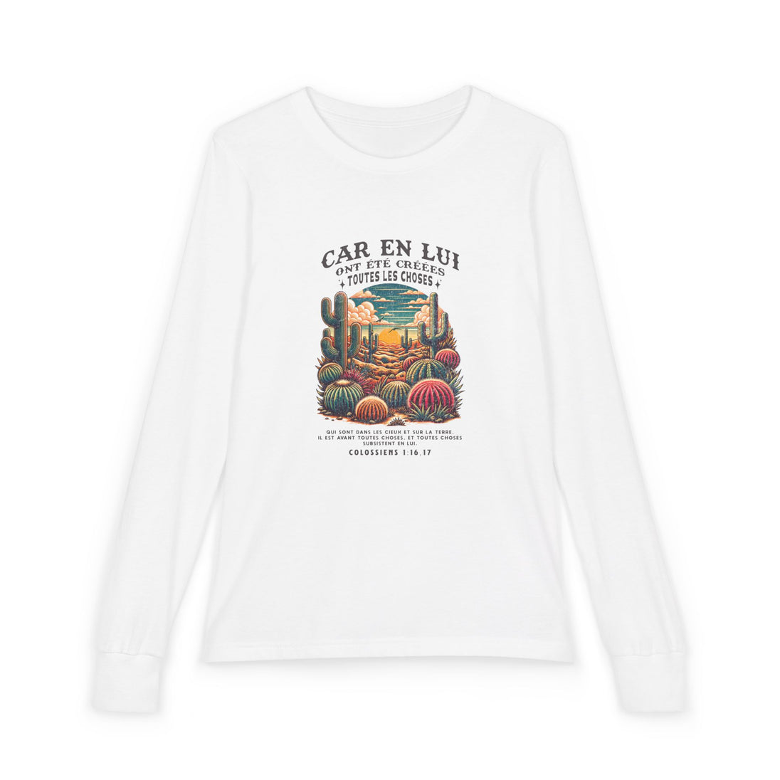 T-shirt blanc à manches longues pour enfant avec une illustration de cactus et un texte religieux.