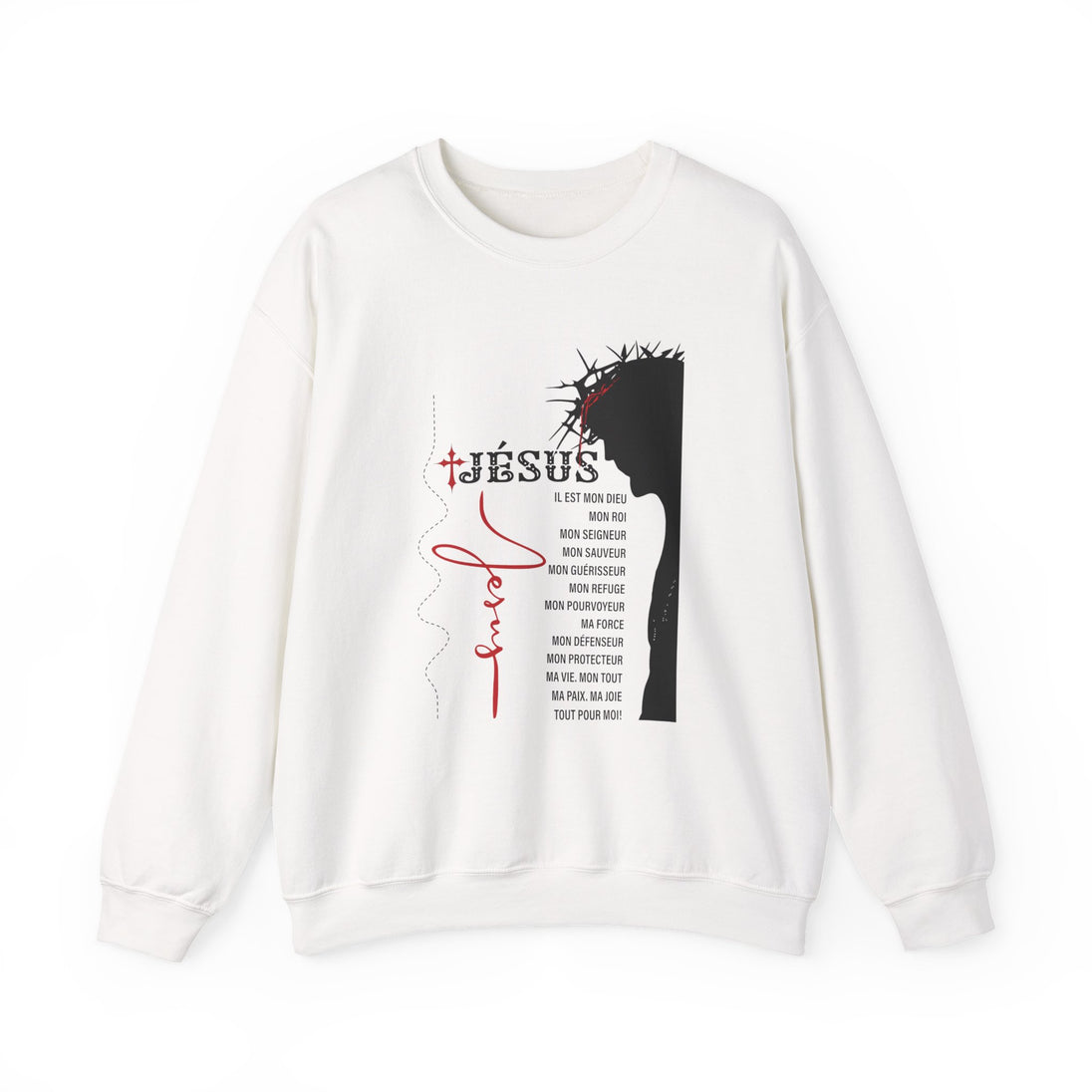 Sweat-shirt blanc pour homme avec une illustration du Christ et des inscriptions religieuses.