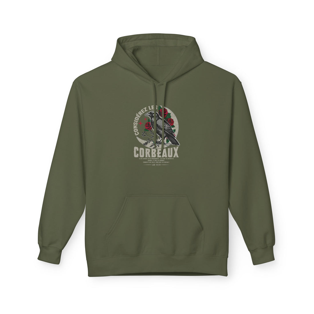 Sweat à capuche vert olive pour femme avec une illustration de corbeau et de roses sur la poitrine.