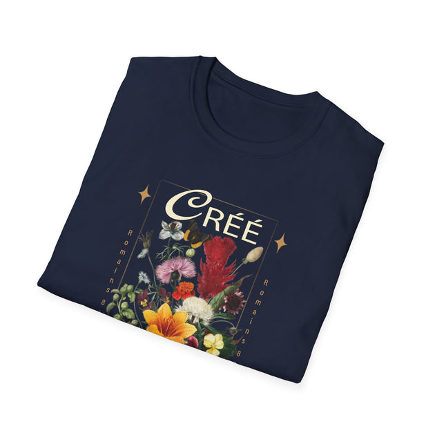 T-shirt bleu marine pour femme orné d'un motif floral vintage et du mot Créé.