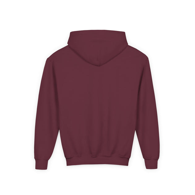 Vue arrière d'un sweat à capuche bordeaux pour enfant avec une coupe classique.