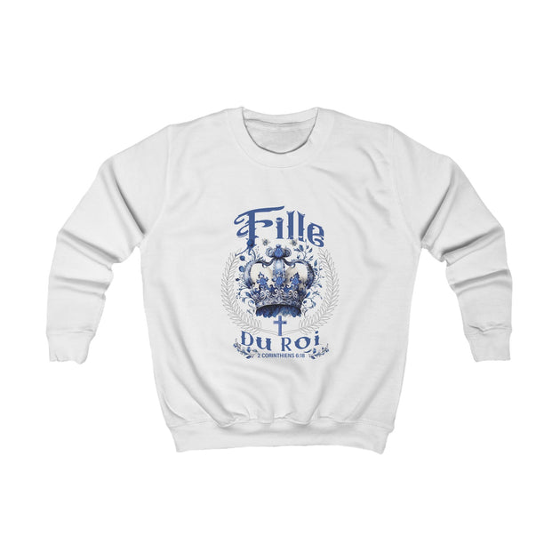 Sweat-shirt blanc pour enfant avec une couronne bleue et l'inscription Fille du Roi.