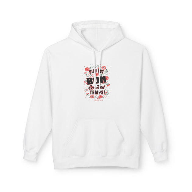 Sweat à capuche blanc pour femme avec un motif floral et le texte Dieu est bon en tout temps.