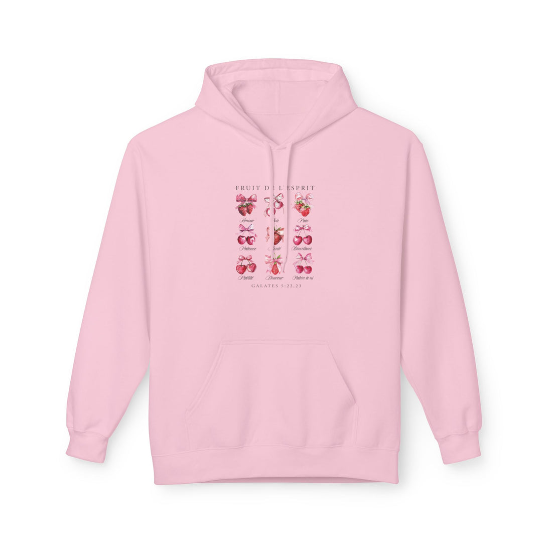 Sweat à capuche rose pâle pour femme avec une illustration de fruits et texte sur la poitrine.