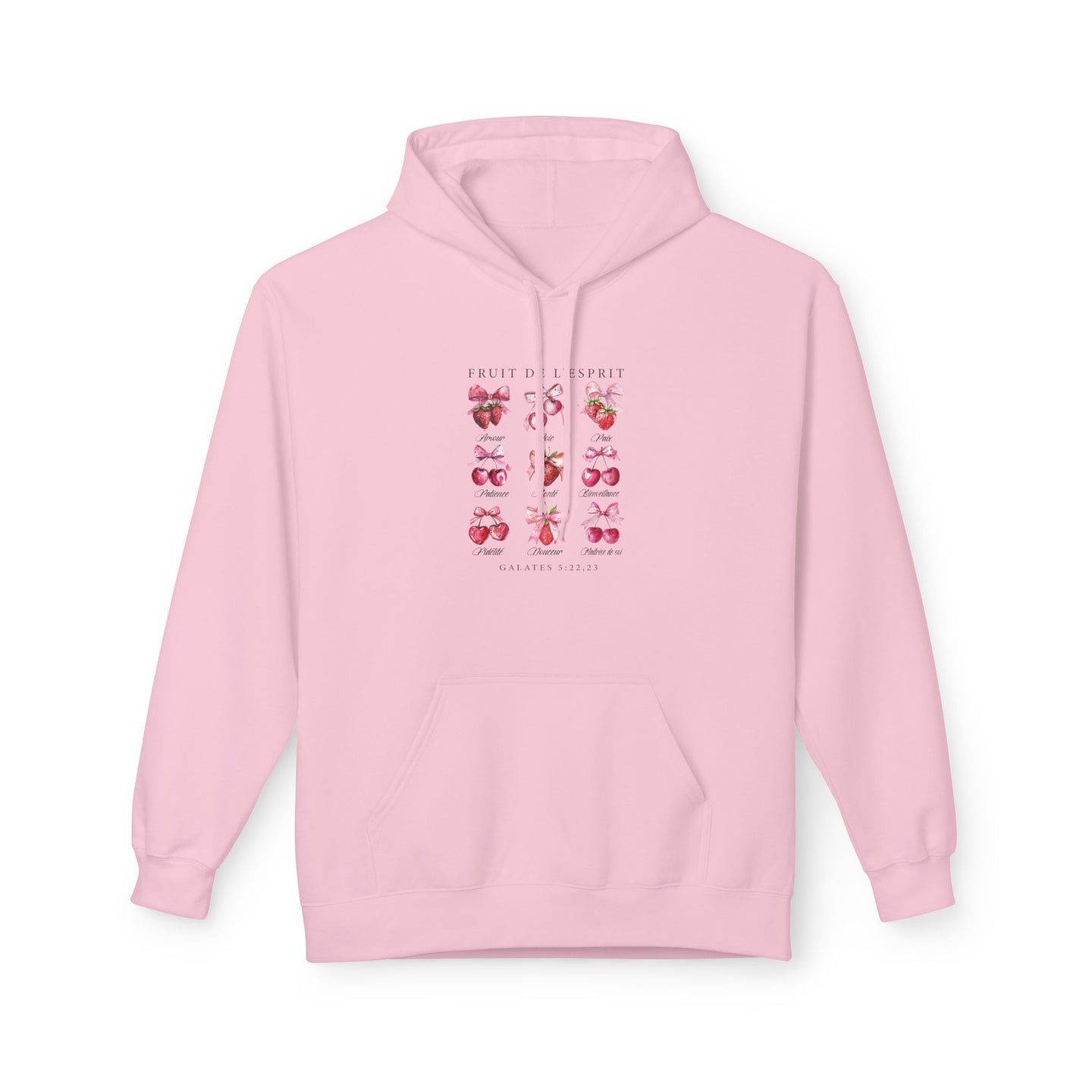 Sweat à capuche rose pâle pour femme avec une illustration de fruits et texte sur la poitrine.