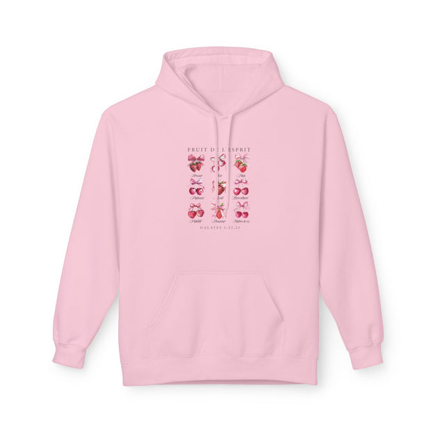 Sweat à capuche rose pâle pour femme avec une illustration de fruits et texte sur la poitrine.