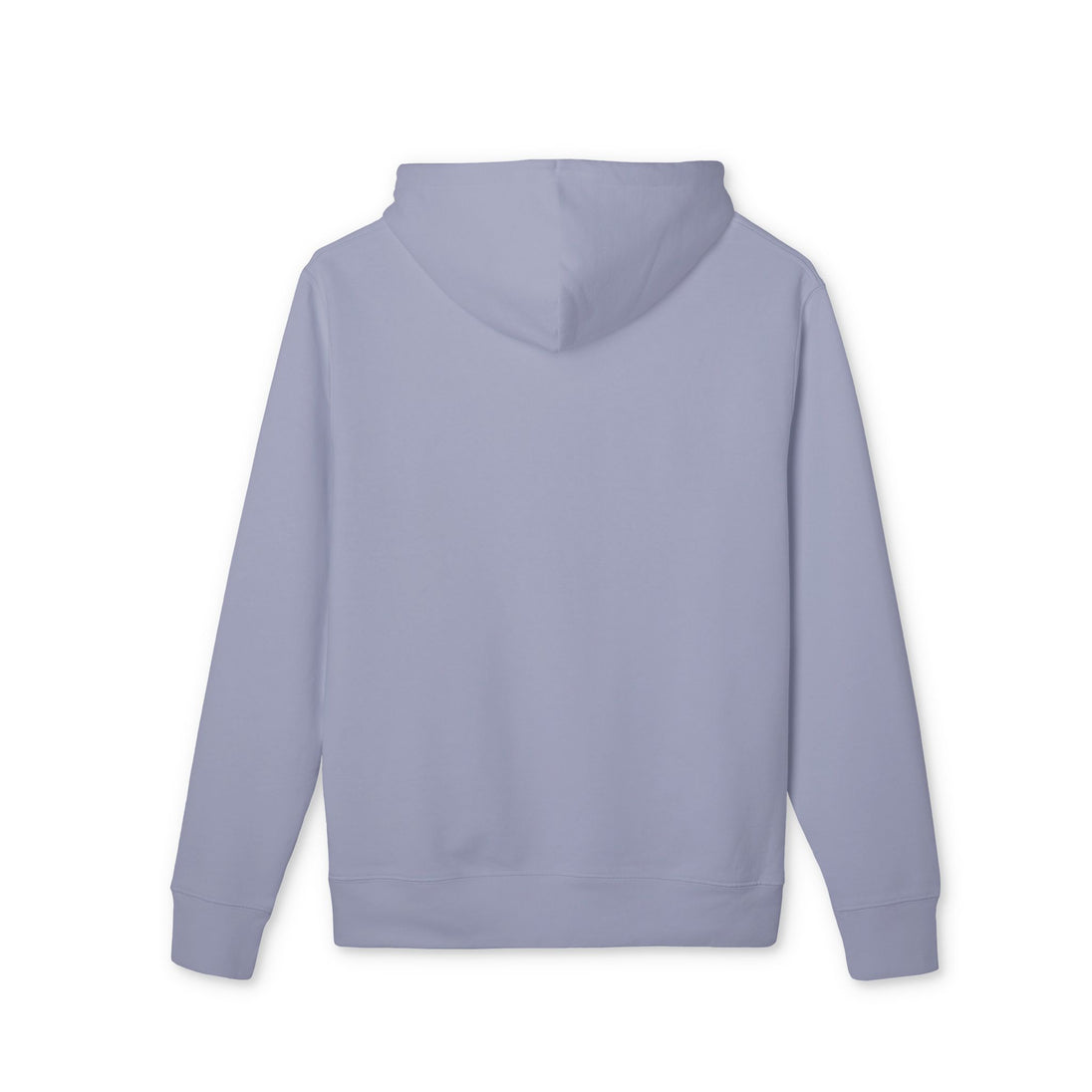 Vue arrière d'un sweat à capuche bleu lavande uni avec une coupe classique.