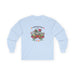 T-shirt bleu clair à manches longues avec un motif floral et le texte L'amour de Dieu dure toujours.
