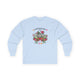 T-shirt bleu clair à manches longues avec un motif floral et le texte L'amour de Dieu dure toujours.