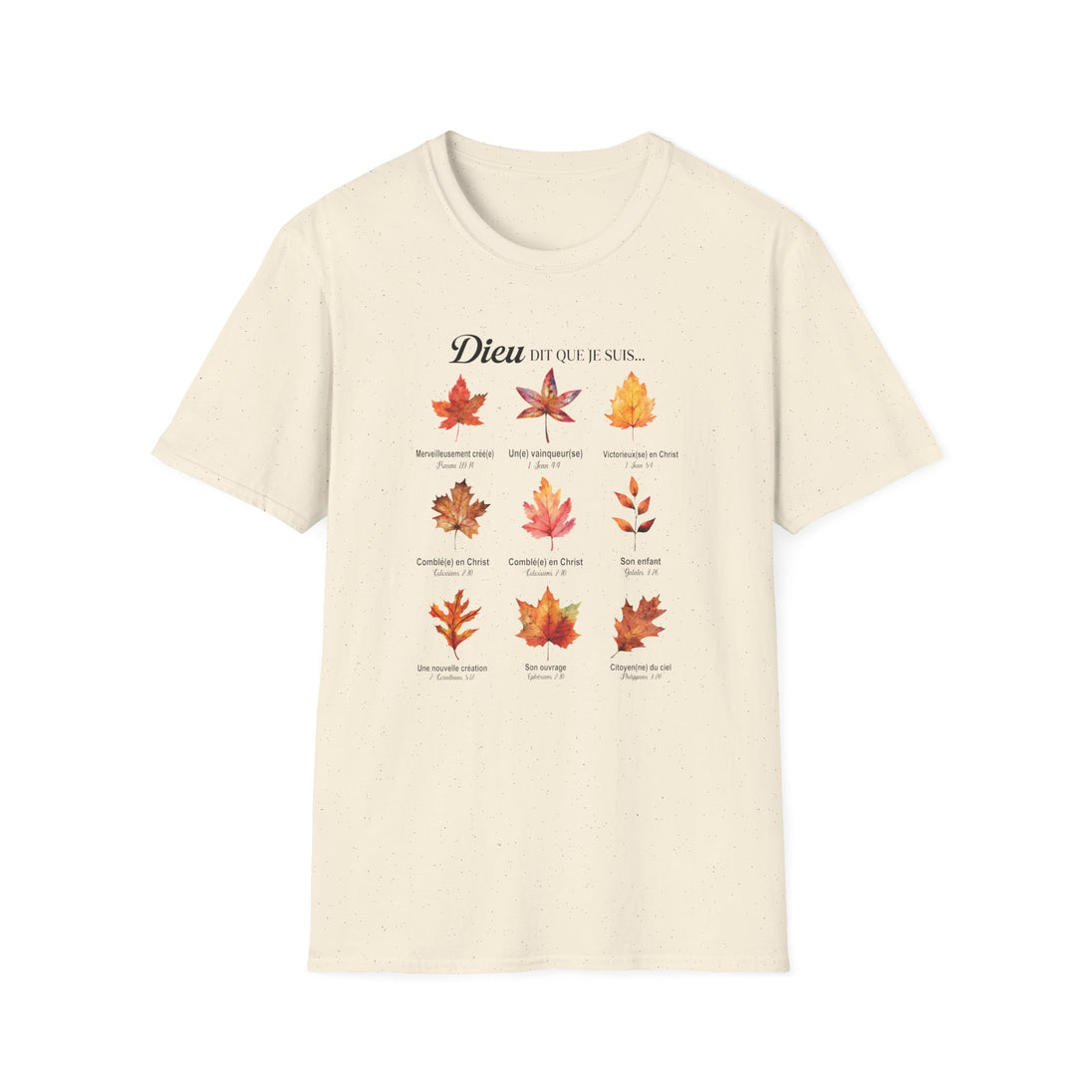 T-shirt beige à col rond orné d'un motif de feuilles d'automne et de textes bibliques.
